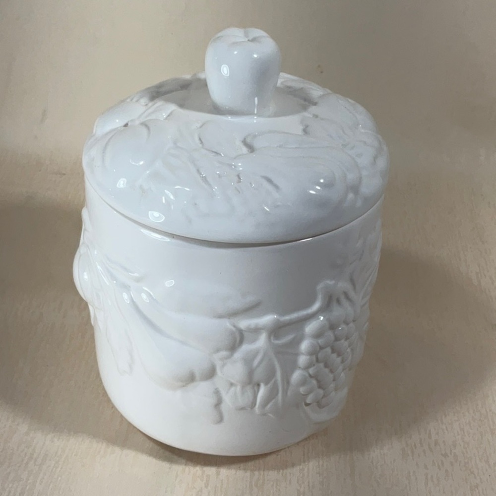 White Fruit Embossed White Ceramic Canister Hand Crafted